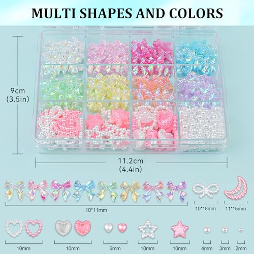 600 Pcs Nail Charms Set with Bow, Heart, Moon & Pearls - 8 Colors, Model 11