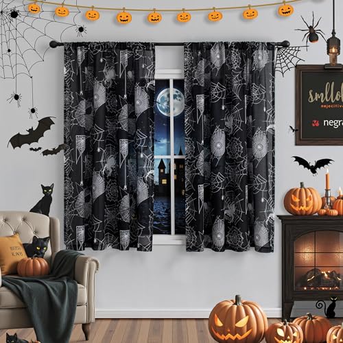 Halloween Sheer Curtains for Living Room & Bedroom - 50W x 63L, Pack of 2, Spider Web Print, Black