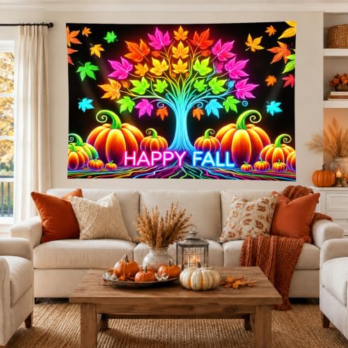 Fall Blacklight Tree Tapestry with Pumpkins and Leaves - Happy Fall Pumpkin Variation