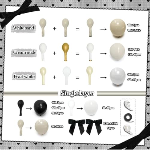 Black White Balloon Arch Kit - Double Stuffed Pearl White & Black Balloons with Bow - Wedding & Party Decorations