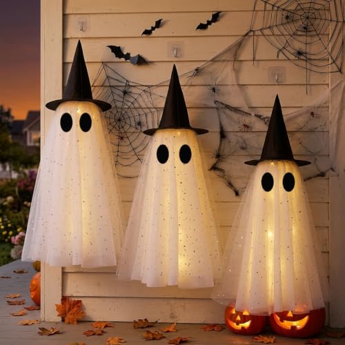 Halloween Hanging Ghost Decorations Set - 17.7/21.6/25.6 Inch Outdoor Ghosts with Witch Hat & Glowing Lights