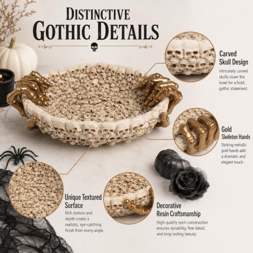 Spooky Skeleton Candy Bowl with Gold Skeleton Hands - Halloween Decor