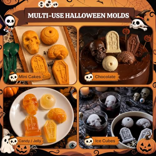 25 Cavities Halloween Skull Silicone Mold - 3D Eyeball, Tombstone, Brain, Coffin