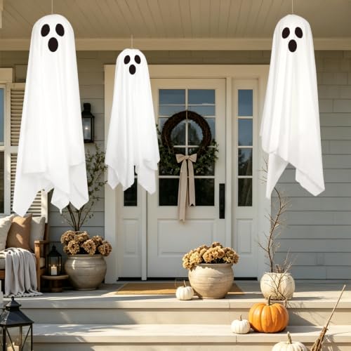 Halloween Ghost Decor Light-Up Hanging Ghosts - 3 Pack, Spooky Outdoor Decor with Fairy Lights