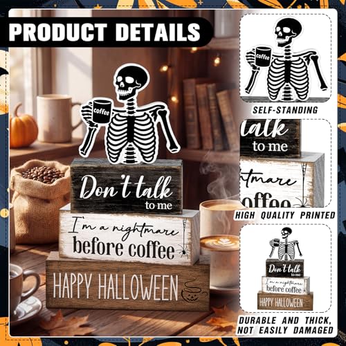 Halloween Skeleton Coffee Bar Decor Set - Wooden Skeleton Tabletop Decor with Nightmare Before Coffee Variant
