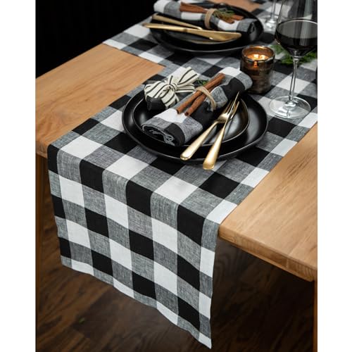 Black & White Check Linen Table Runner 14 x 108 Inches - Handcrafted