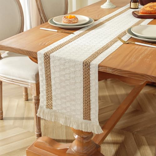 Boho Cotton Linen Table Runner 12 x 132 Inches - Beige & Brown Farmhouse Decor
