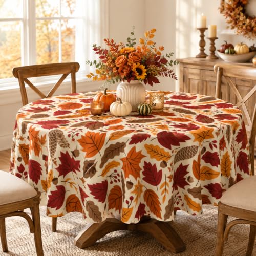 Fall Maple Leaf Round Tablecloth 60 Inch - Autumn Waterproof Decor, Yellow