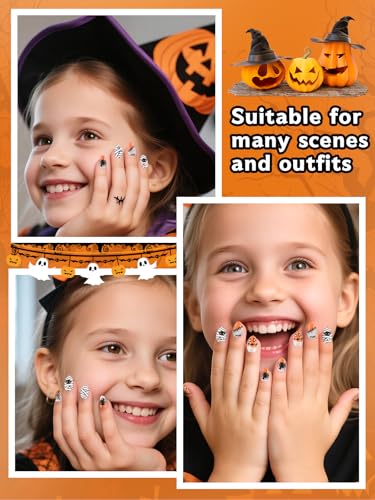 Halloween Kid Press On Nails - Sparkle Almond Fake Nails 24Pcs with Variation of Halloween Sparkle