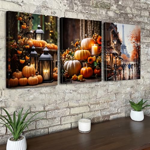 Farmhouse Pumpkin Wall Art Set - Fall Kitchen Decor Canvas Prints 12x16 Inches, 3 Pieces - Autumn Harvest Theme for Thanksgiving & Halloween, Rustic Home Decor