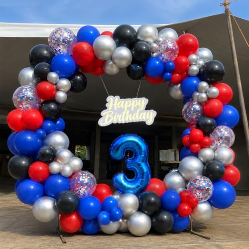 Red Blue Black Silver Balloons Set - 60PCS Party Decorations with Confetti Balloons & Ribbon