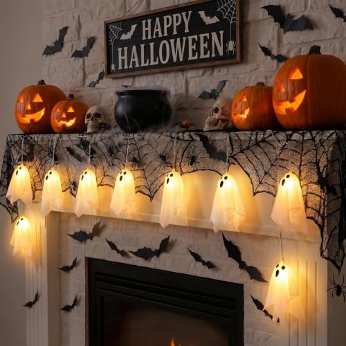 Halloween Ghost String Lights with 3D Bat Decorations - 9 ft Indoor Outdoor Decor