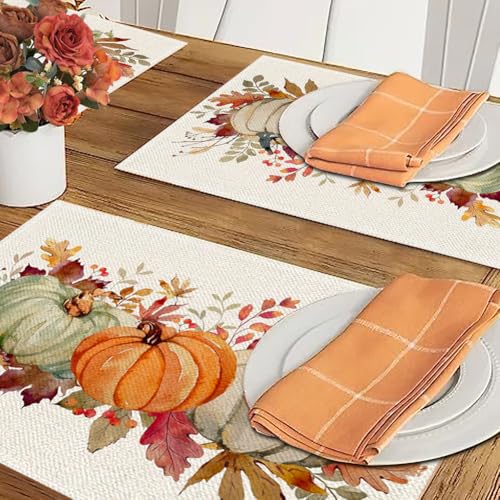 Orange Fall Leaves Pumpkins Placemat Set of 4 - Durable Polyester Table Decor