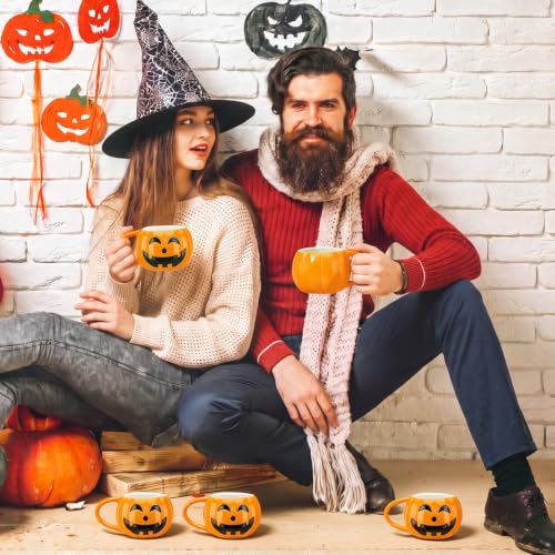 Halloween Pumpkin Coffee Mugs Set of 6 - Orange Ceramic Cups for Hot Drinks
