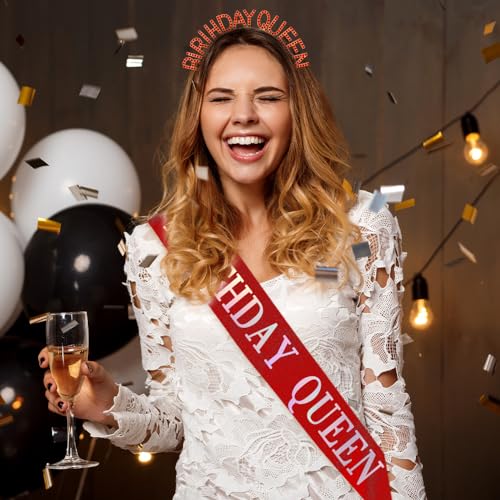Red Birthday Sash and Crown Set for Women - Happy Birthday Decorations