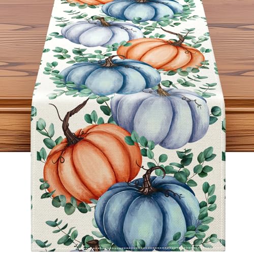 Artscope Fall Pumpkin Eucalyptus Leaves Table Runner 13x72 Inch - Orange Blue Thanksgiving Decor