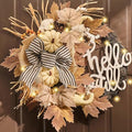 White 22-Inch Collapsible Fall Wreath with Pumpkins and Lights for Front Door