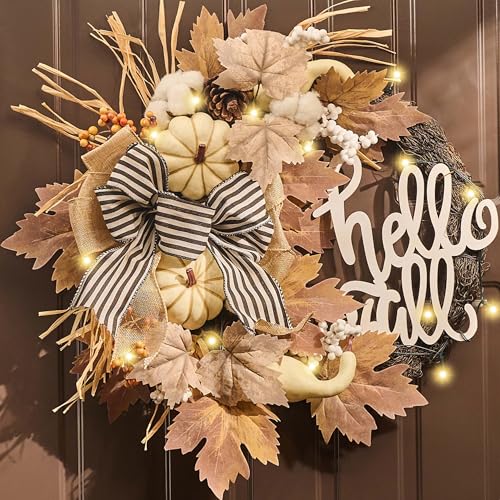 White 22-Inch Collapsible Fall Wreath with Pumpkins and Lights for Front Door