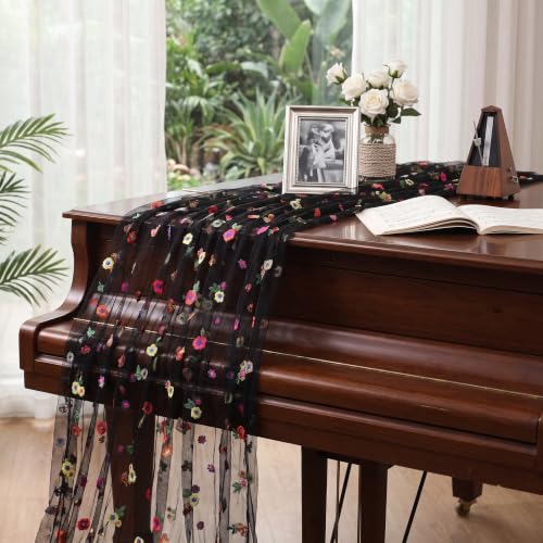 Black Embroidered Floral Tulle Table Runner 10FT Set of 6 - Halloween Decor