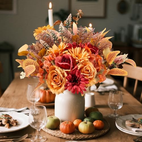 Fall Flowers Artificial Bouquet Set - 2PCS Autumn Silk Floral Arrangements for Home & Wedding Decor