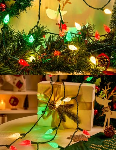 Christmas String Lights Outdoor 50ft 100 LED Faceted C6 - Red White Green