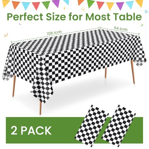 White and Black Checkered Disposable Plastic Tablecloths - 2 Pack, Waterproof, 54 x 108 inches, Rectangular for Parties