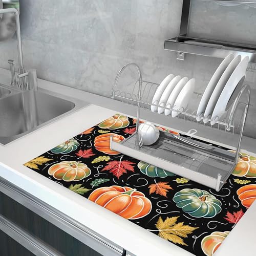 Large Fall Pumpkins Dish Drying Mat 18x24 Inches Watercolor Leaves
