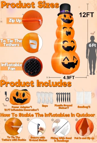 12Ft Giant Halloween Inflatable Pumpkins with LED Lights & Stakes Outdoor Decorations