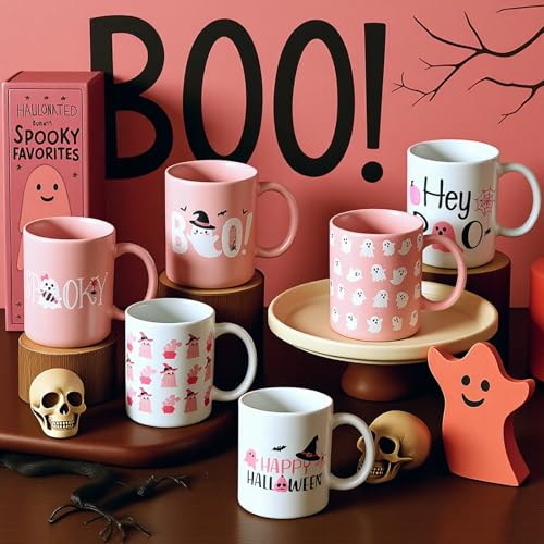 Pink Ghost Halloween Coffee Mug Set 6 Pcs - 12 oz Ceramic Cups for Women