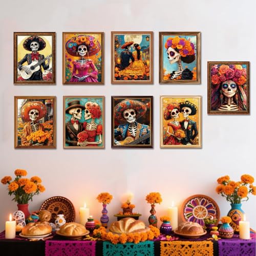 Day of the Dead Posters - 9 Piece Mexican Skeleton Wall Art Decorations