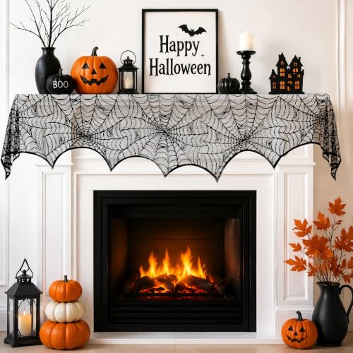 Halloween Black Lace Spiderweb Fireplace Mantle Scarf Cover - 18x96 Inch