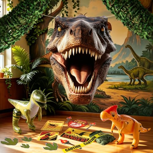 Halloween Dinosaur Trunk or Treat Car Decorations Set - 17 Pcs with Inflatable Dinosaurs & Warning Tape