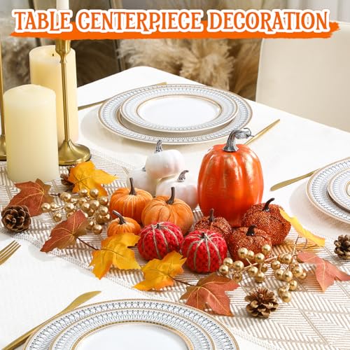 Artificial Fall Pumpkin Set with Maple Leaves Pinecones for Thanksgiving Decor - 24 Pcs