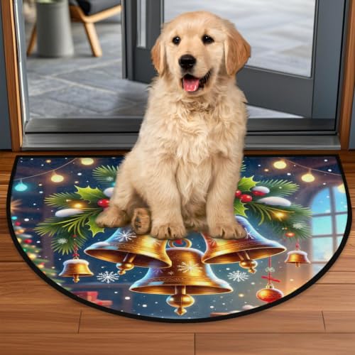 Christmas Half Moon Door Mat - Semi Circle Rug with Bell Design - Variation A:z-11