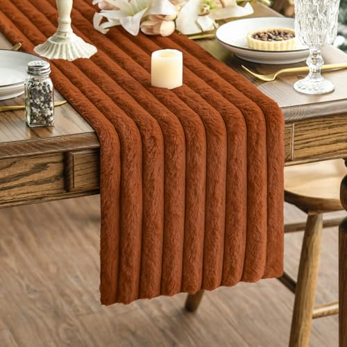 Caramel Plush Faux Fur Jacquard Table Runner 13x72 Inch Holiday Decor
