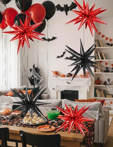 Black Red Star Foil Balloons Set - 9pcs 22 Inch Explosion Spike Balloons for Party Decorations