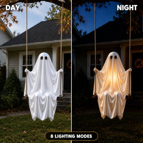 Large Hanging Swing Ghost with LED Lights - Outdoor Halloween Decor, 5 FT Spooky Ghost for Porch & Yard