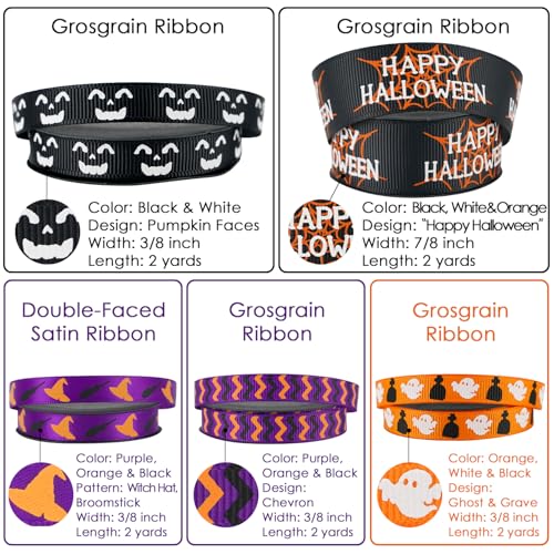 Happy Halloween Ribbon Set - Assorted Halloween Grosgrain & Satin Ribbons, 5 Rolls, 10 Yards