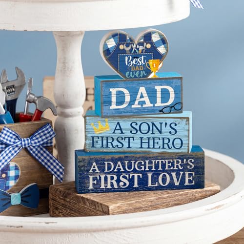 Father's Day Wooden Sign Set - Dad Block Signs Farmhouse Decor, 4 Pieces