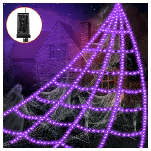 Purple Outdoor Spider Web Lights - 16.4Ft Waterproof 550 LEDs, 8 Modes Halloween Decoration