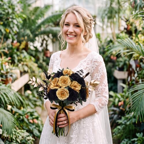 Artificial Black and Gold Roses Set - 120 Silk Flowers with Stems & Leaves