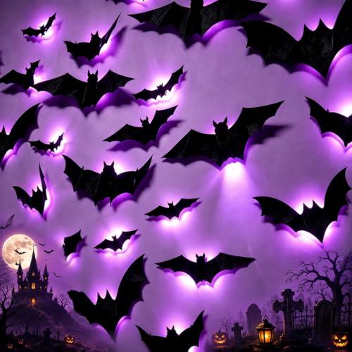 38 Pcs LED Halloween Bat Wall Decor Set - 3D Indoor Outdoor Decorations