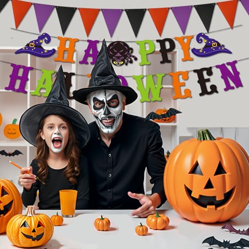 Halloween Banner Indoor Decor Set with Flags, Swirls & Characters - Orange & Purple