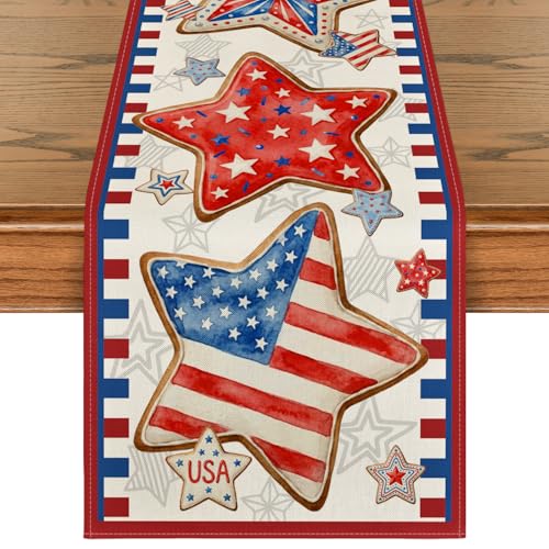 Patriotic 4th of July Stars American Flag Table Runner 13x60 Inch Beige