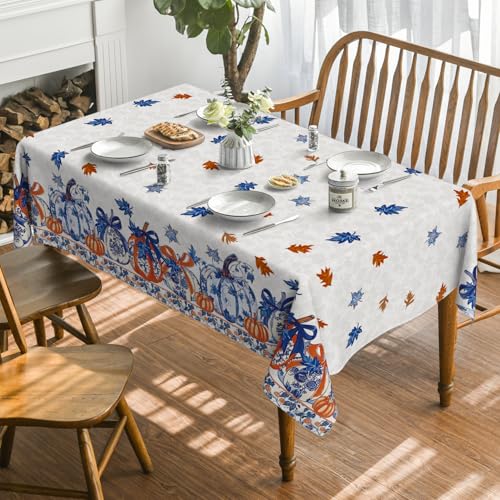 Fall Tablecloth 60 x 84 Inch Rectangular Blue & Orange Porcelain Pattern