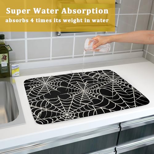 Halloween Dish Drying Mat 18x24 Inch Spider Web Black Kitchen Counter Protector Reversible Absorbent Microfiber