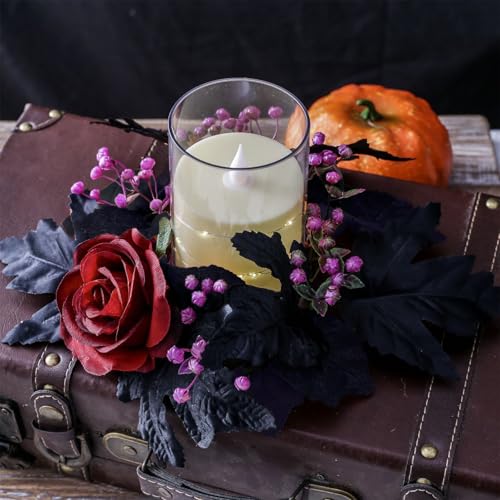 Halloween Candle Ring Wreath Artificial Maple Leaf Rose Flower Decor - 9.84 Inch