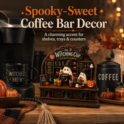 Halloween Ghost Coffee Bar Decor - Wooden Tabletop Sign for Kitchen & Cafe