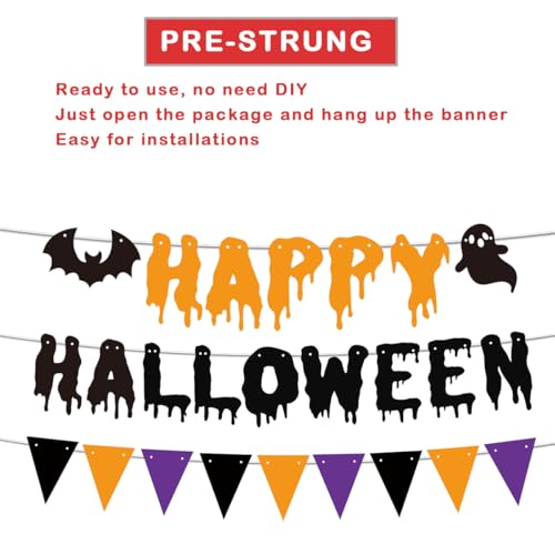 Halloween Bunting Banner with Triangle Flags and Bat Motifs - Pre-Assembled Wall & Party Decor