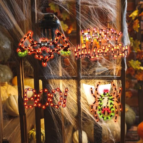 Halloween Window Silhouette Decorations Lighted Spider Bat Happy Halloween - 4-Pack - Variation of Spider Bat Happy Halloween BOO